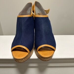 Blue wedge sandals with adjustable straps.